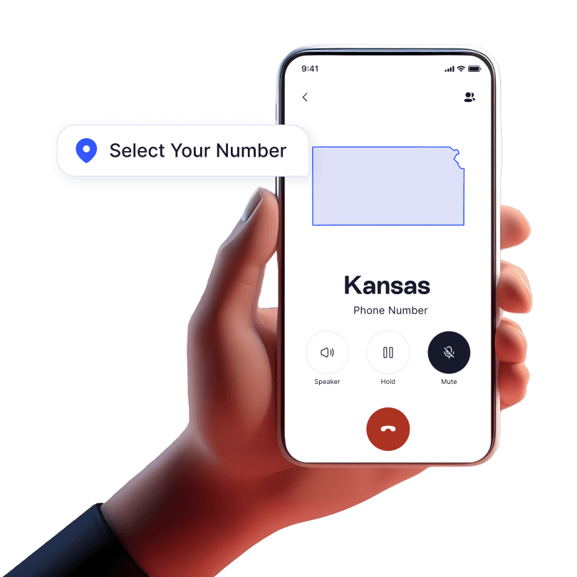Hand holding mobile device with incoming business call from Kansas displayed using LinkedPhone 2nd phone number app