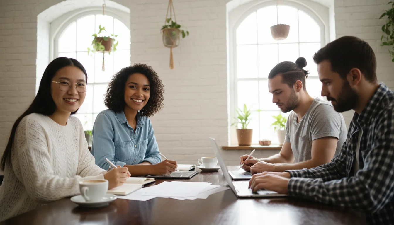 DSLR photograph of four diverse young adults collaborating at a dark wooden table in a bright cafe. A man with a man-bun in a grey shirt uses a stylus on a tablet. A woman in a blue denim shirt is the central focus, smiling widely. An Asian woman with glasses and a white sweater smiles beside her. A silver laptop and coffee cups are on the table. The background is a painted white brick wall. The scene is lit by soft, natural daylight, creating a warm, creative atmosphere with a shallow depth of field.