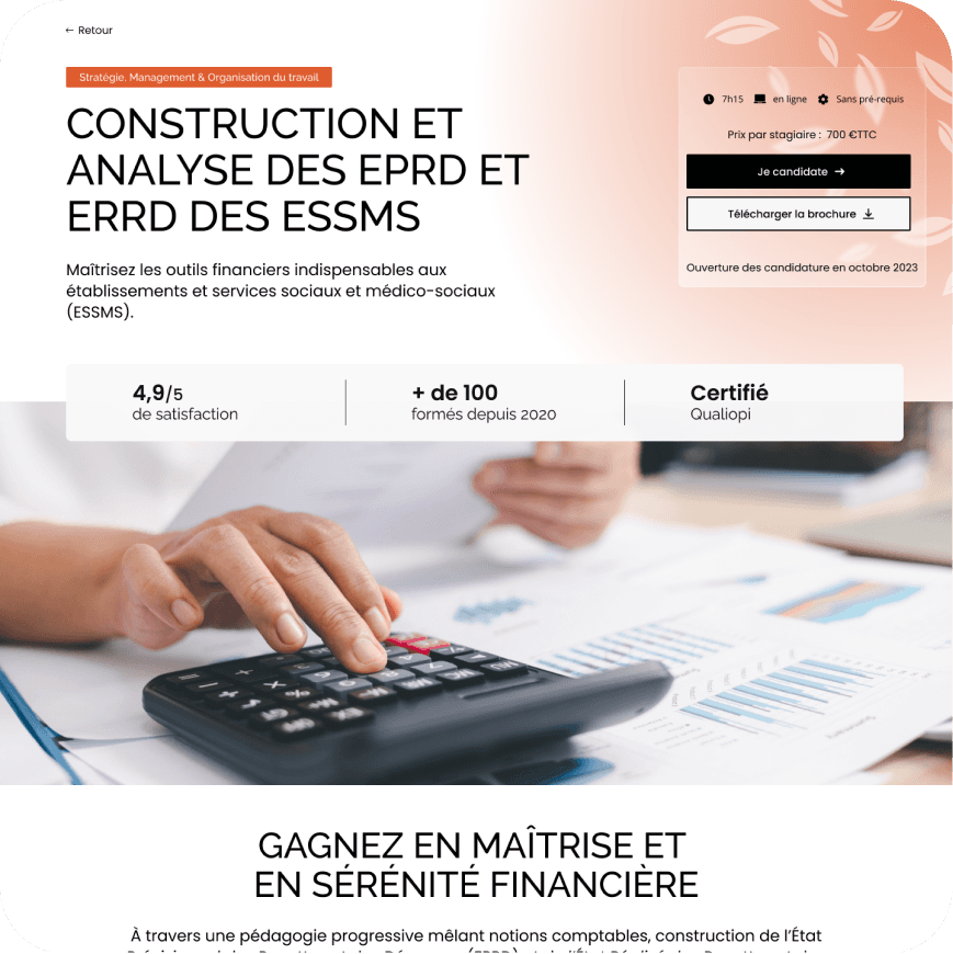 Section articles site formation — design UX/UI desktop par Mélanie Depré, freelance