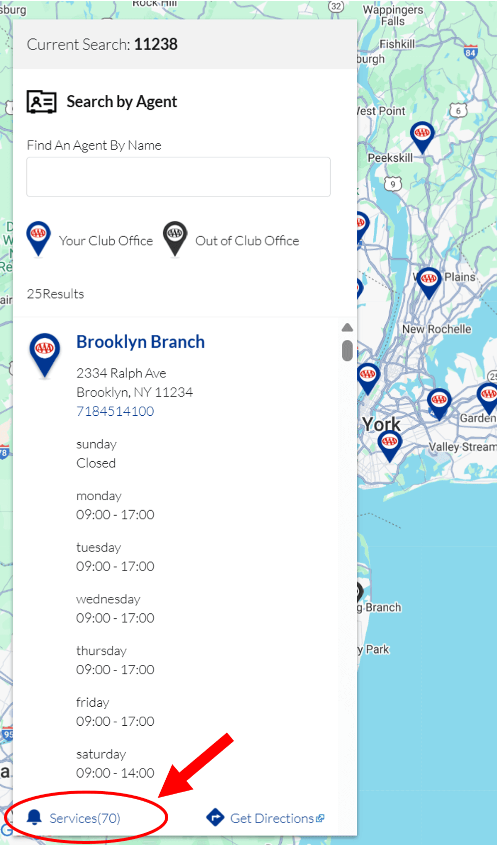 Screenshot pointing to how to find the services offered by each AAA branch office