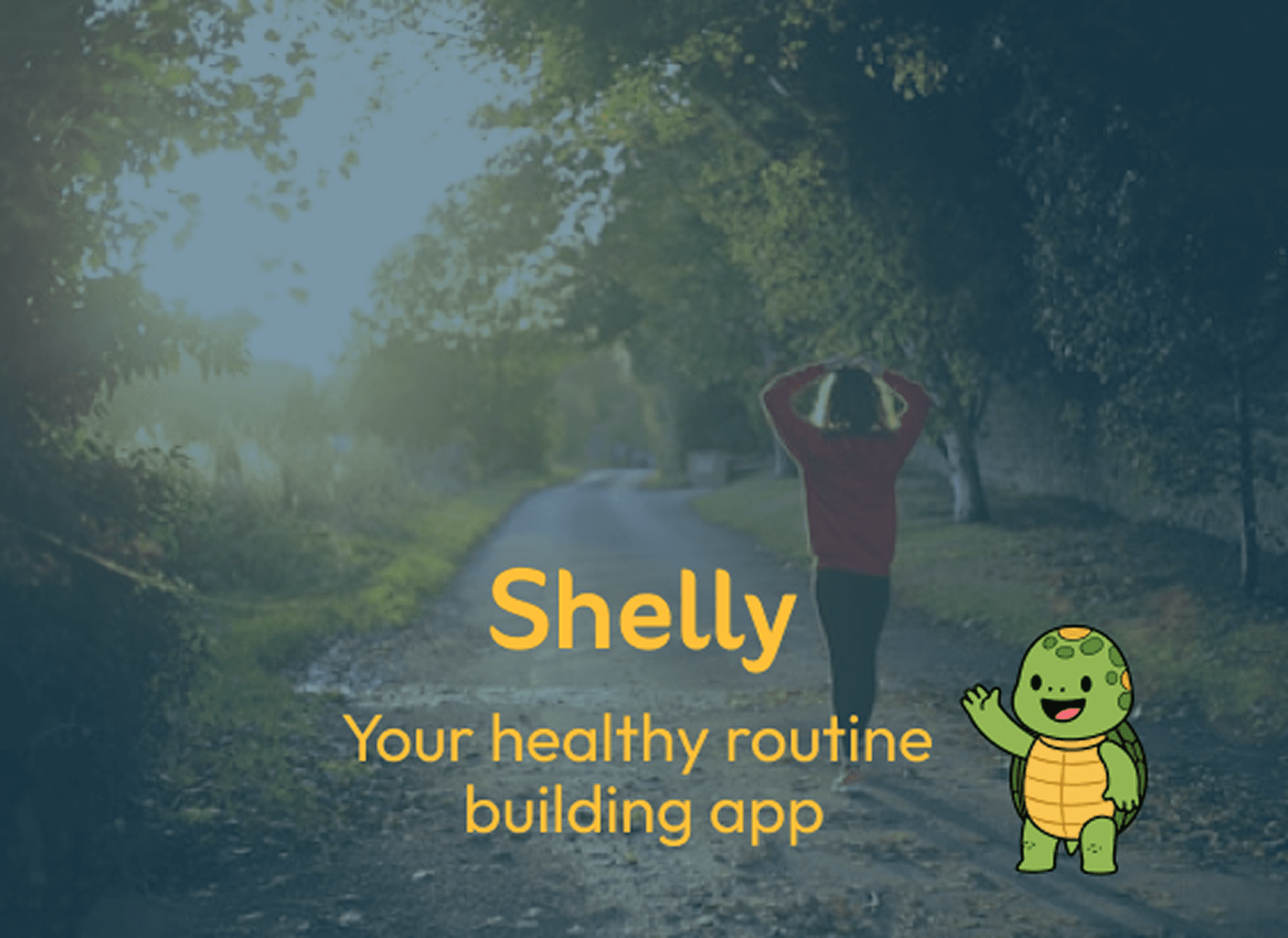Shelly case study cover: person in a red hoodie standing on a nature path, with yellow text reading 'Shelly: Your healthy routine building app' and a friendly cartoon tortoise mascot at the bottom right.