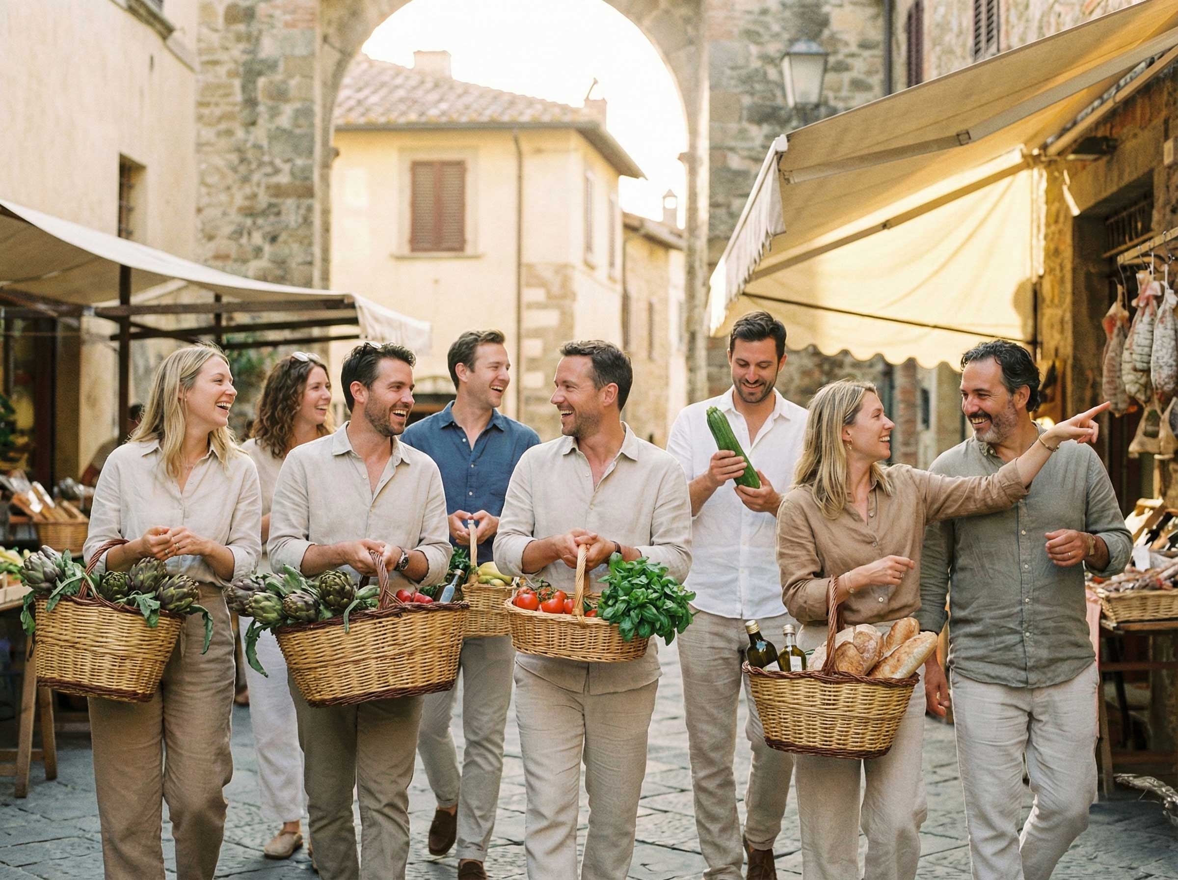 A group of smiling people, dressed in casual light-colored clothing, walks joyfully through a charming cobblestone street lined with market stalls, each person carrying baskets overflowing with fresh produce, bread, and flowers.