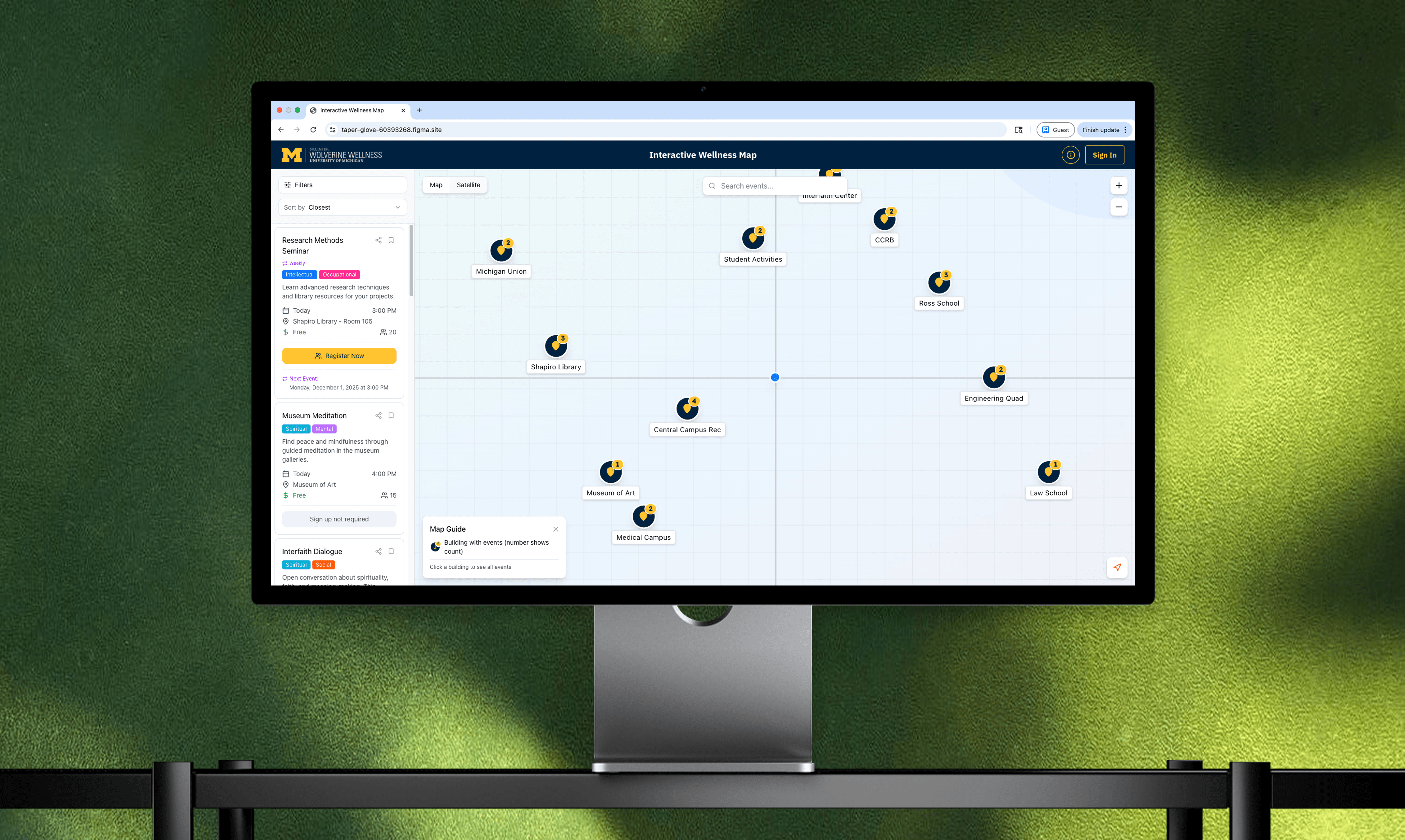 Map featuring multiple location markers, with a sidebar displaying options and information.
