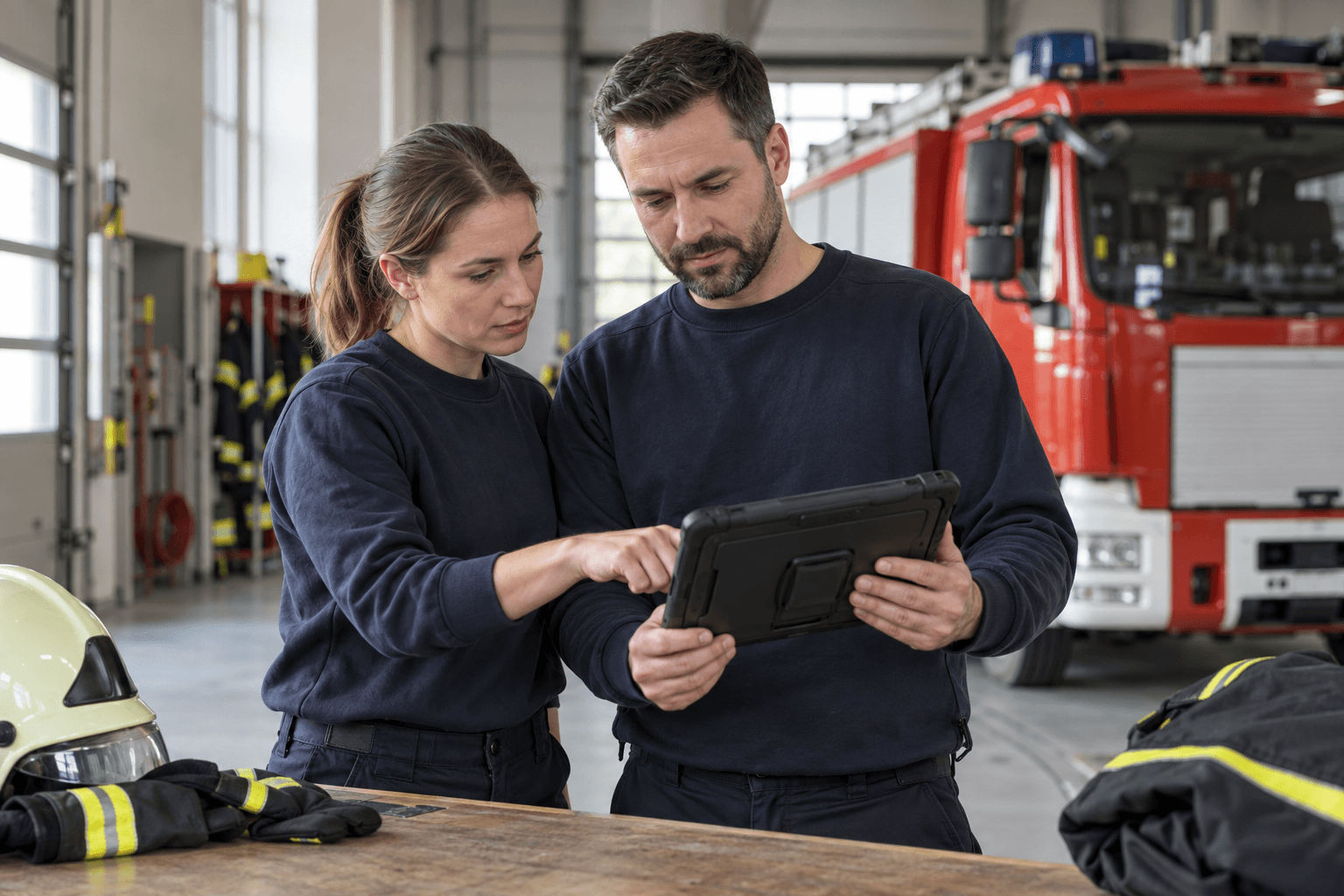 Zwei Feuerwehrangehörige besprechen die Nutzung eines Tablets im Feuerwehrhaus.