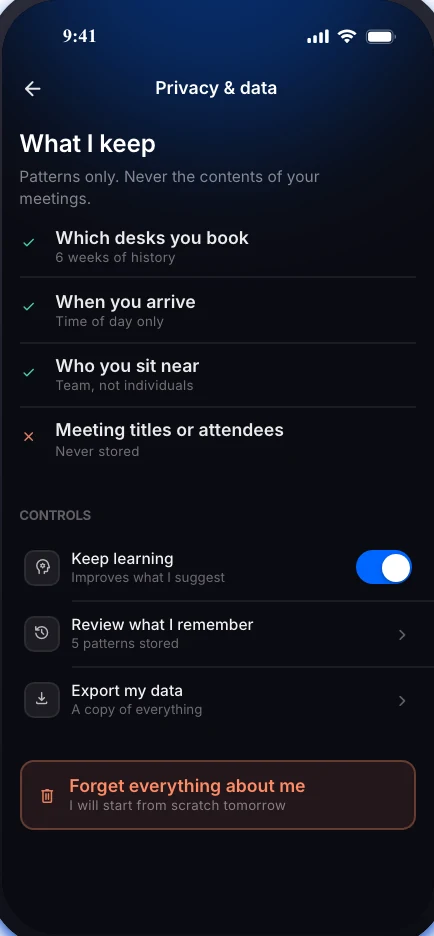 Privacy and data screen: what Sync keeps, with controls to keep learning, review, export or forget everything