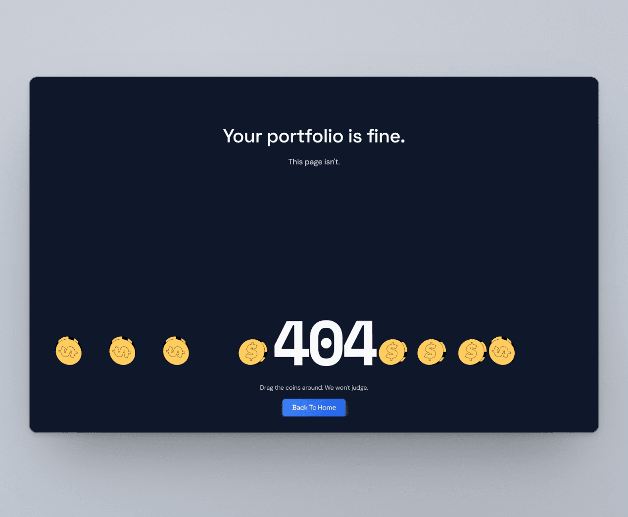 Veqra 404 page on a cool grey background: “Your portfolio is fine. This page isn't.” with gold coins resting around a large 404 and a Back To Home button.