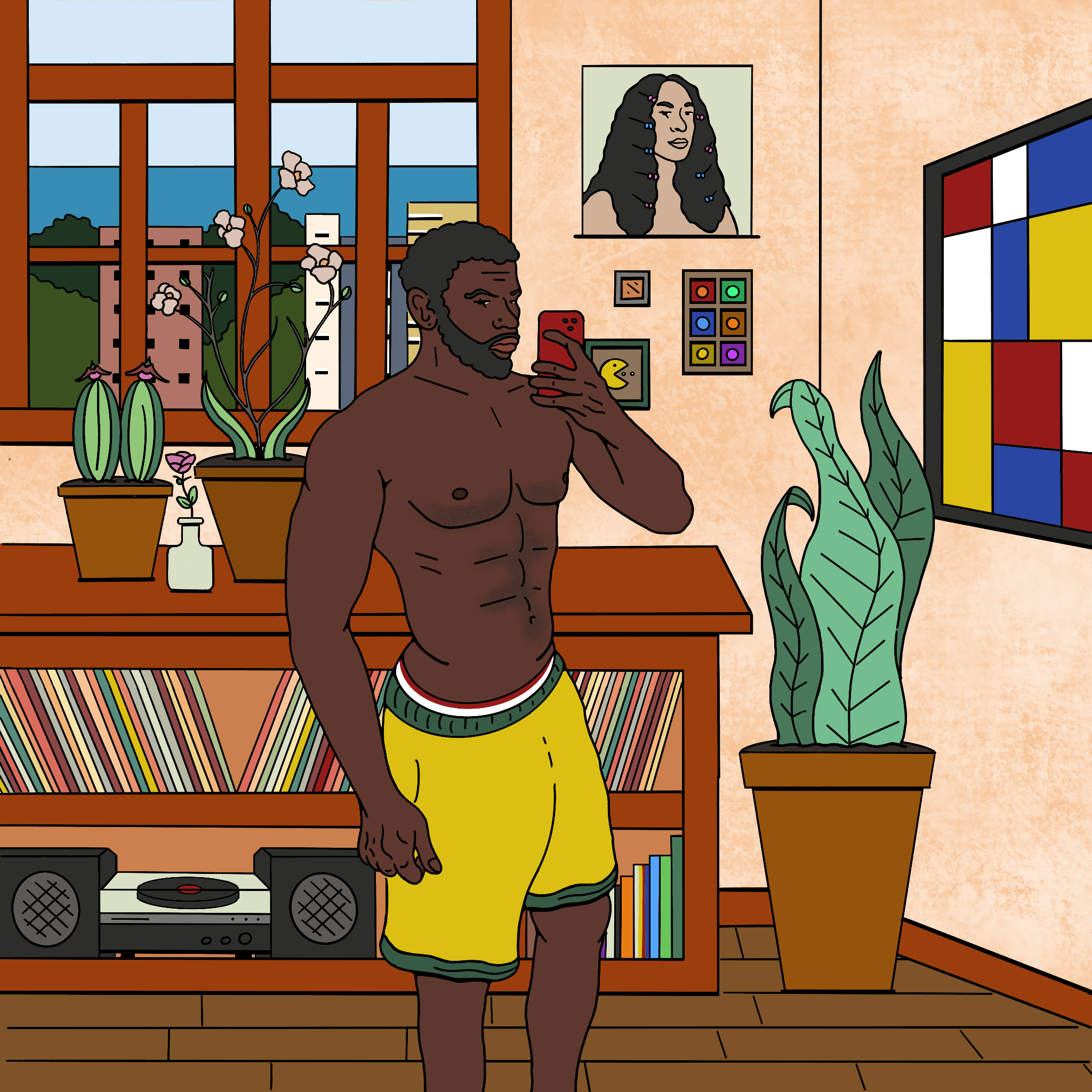 Illustration of a Black Brazilian man taking a shirtless selfie inside an apartment with tropical plants and ocean visible through the window.