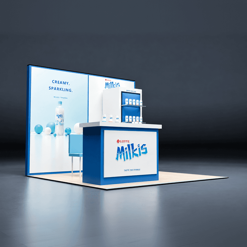 10x20 display booth with tower shelving and screen presentation