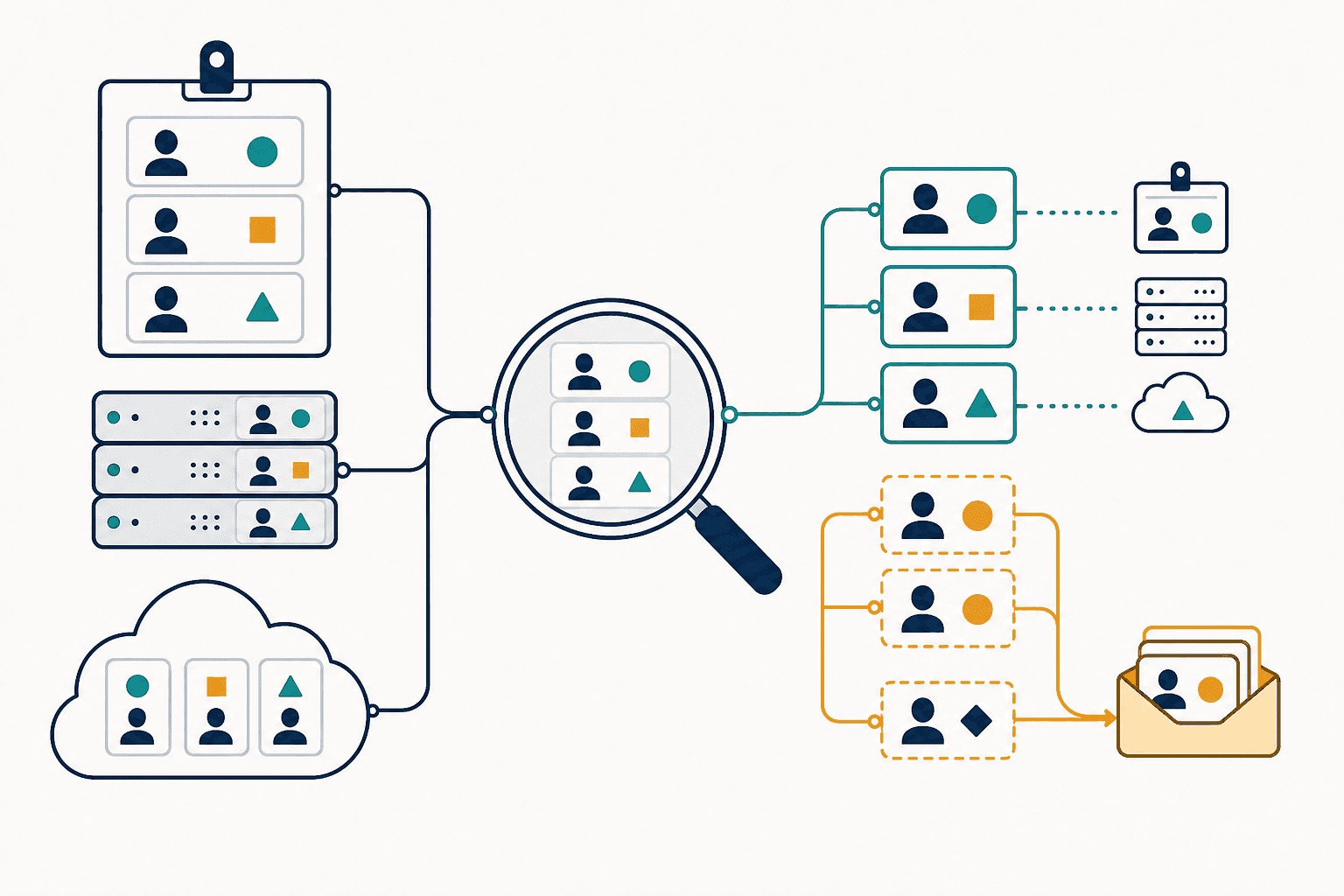 On the left, three distinct source pictograms show an employee badge roster, a directory server, and a cloud application. Each source contains small user silhouette cards with geometric tokens; repeat the same colored geometric token across matching cards to convey stable identity matching without names or numbers. Thin connectors converge on a central magnifying glass inspecting the records. On the right, neatly aligned matched identity cards are connected to their source systems in teal, while a duplicate pair and an unmatched card branch into a small amber review tray, visibly kept separate for investigation rather than deleted.