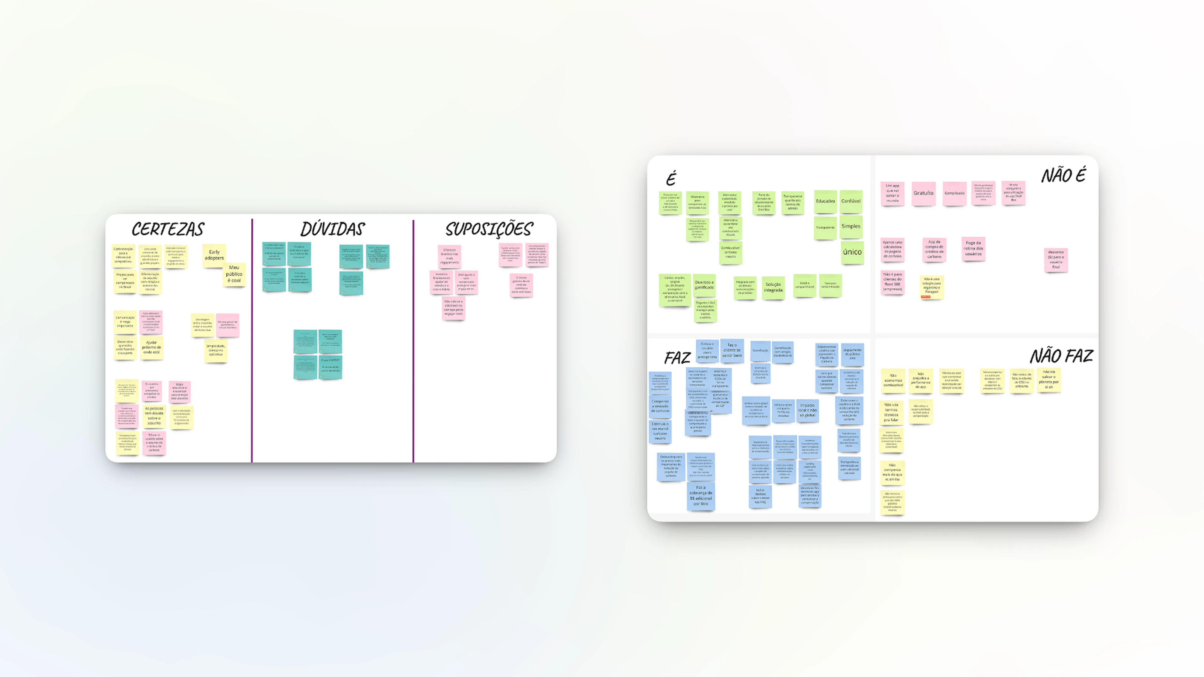 Two workshop boards with colored sticky notes organized in columns. First board divides insights into Certainties (yellow and pink), Doubts (blue), and Assumptions (pink). Second board uses a matrix with four quadrants: Is, Is Not, Does, Does Not, filled with green, pink, blue, and yellow sticky notes.
