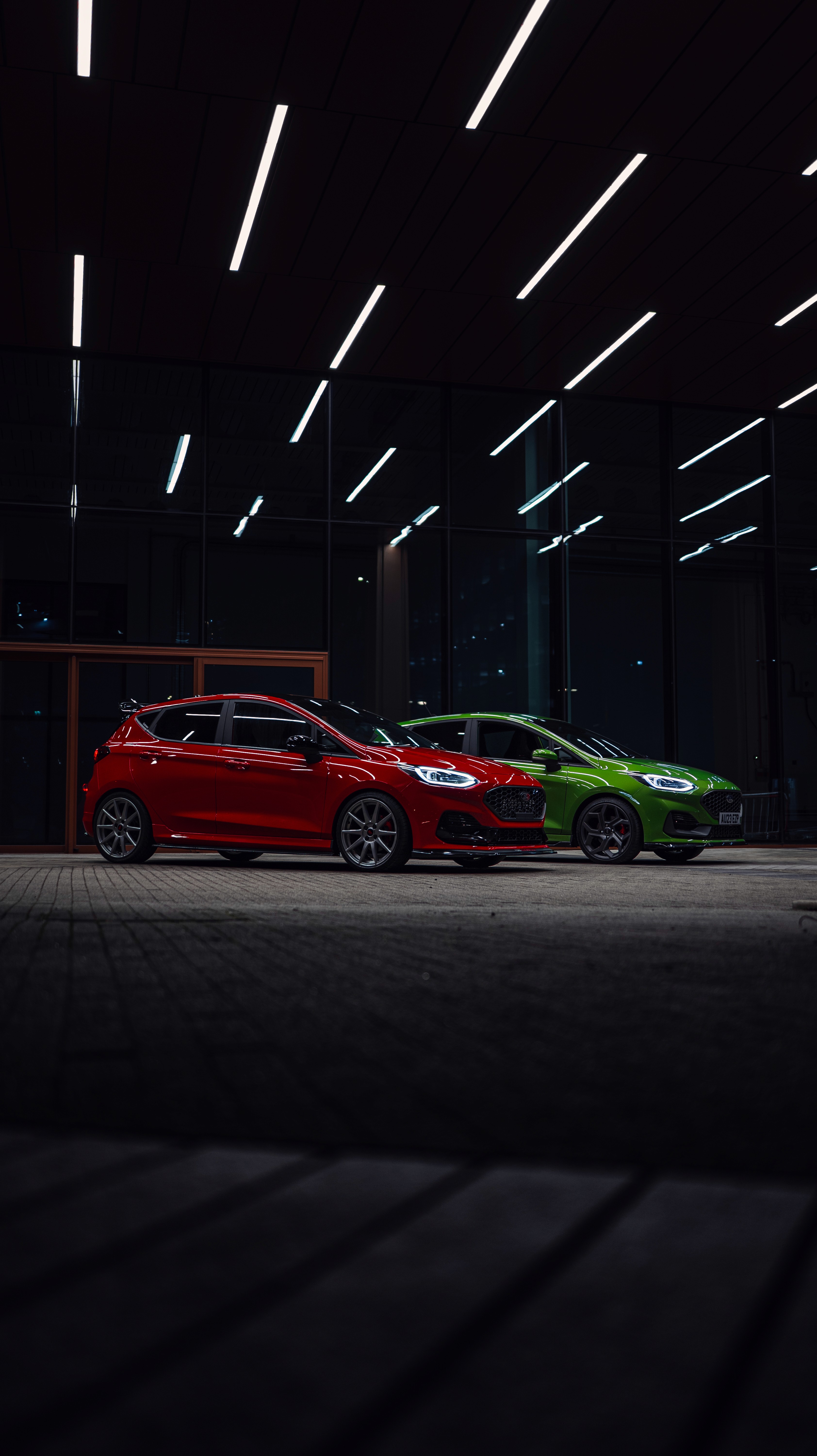 Night shot of two fiesta ST's 