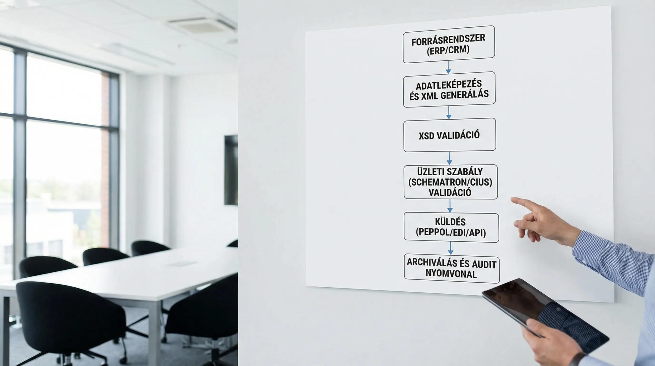 Egyszerű folyamatábra az e-számla XML előállításáról és ellenőrzéséről: forrásrendszer (ERP/CRM) → adatleképezés és XML generálás → XSD validáció → üzleti szabály (Schematron/CIUS) validáció → küldés (PEPPOL/EDI/API) → archiválás és audit nyomvonal.
