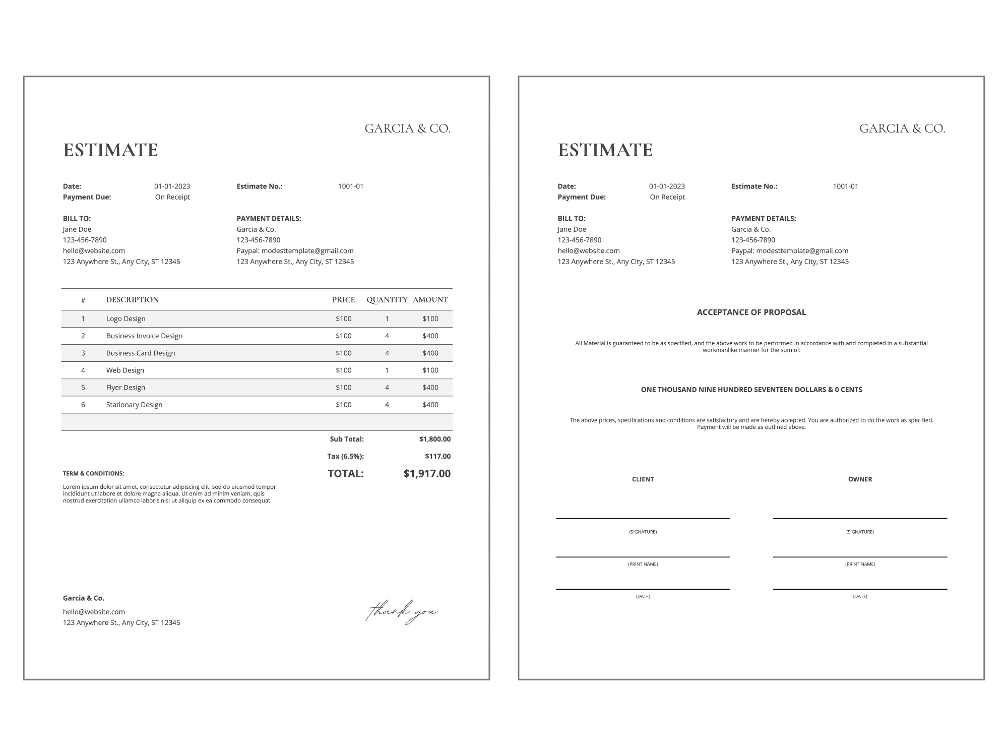Printable estimate template displaying a detailed cost breakdown and client approval section for professional project proposals.