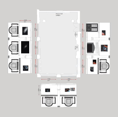 two people facing to the right, standing in front of two arworks