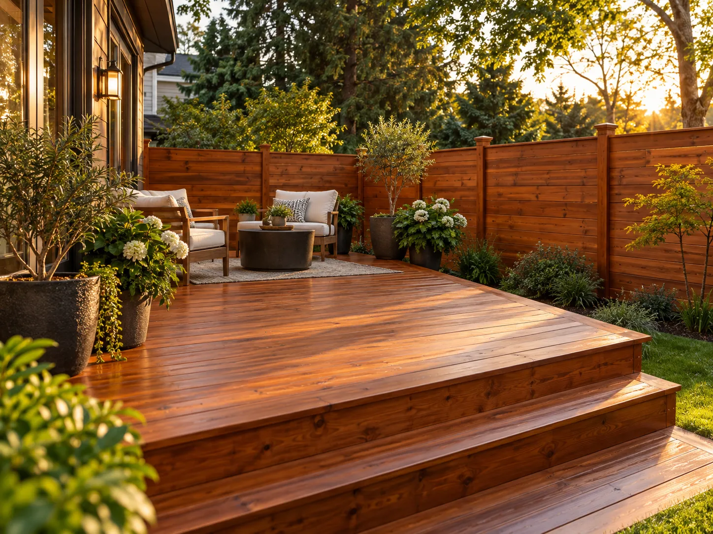 Freshly stained cedar deck and privacy fence in a backyard
