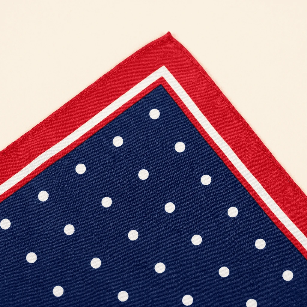 Mademoiselle Pois, carré de soie bleu marine à pois blancs et bordure rouge, détail de la bordure et des pois.