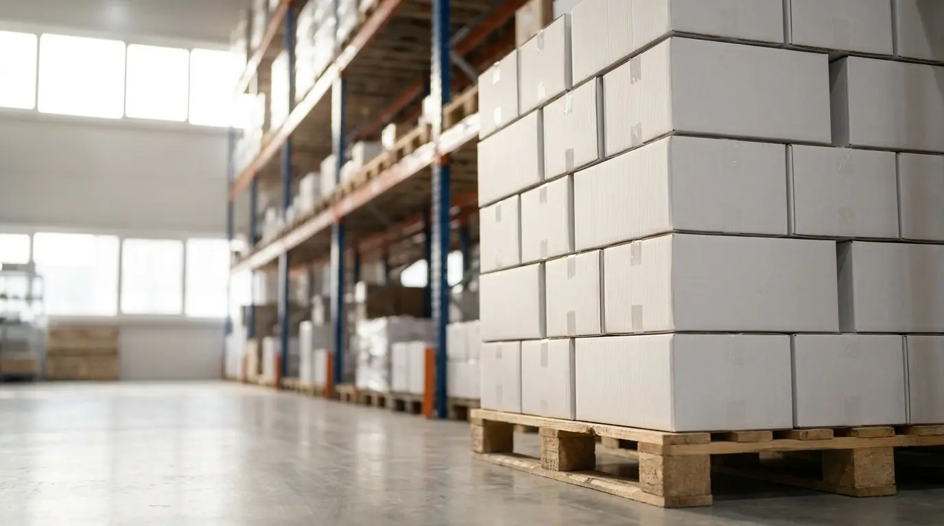 Scatole di cartone impilate su un pallet in un magazzino con scaffalature industriali.