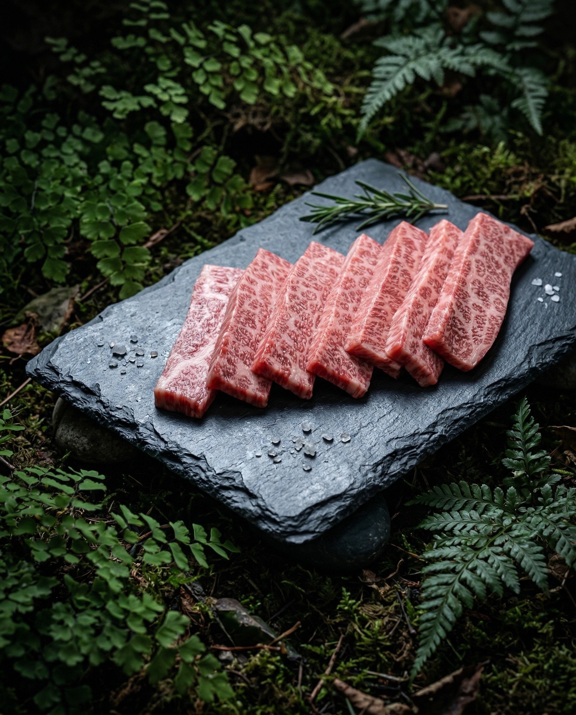 Slices of marbled beef arranged on a dark stone board with rosemary