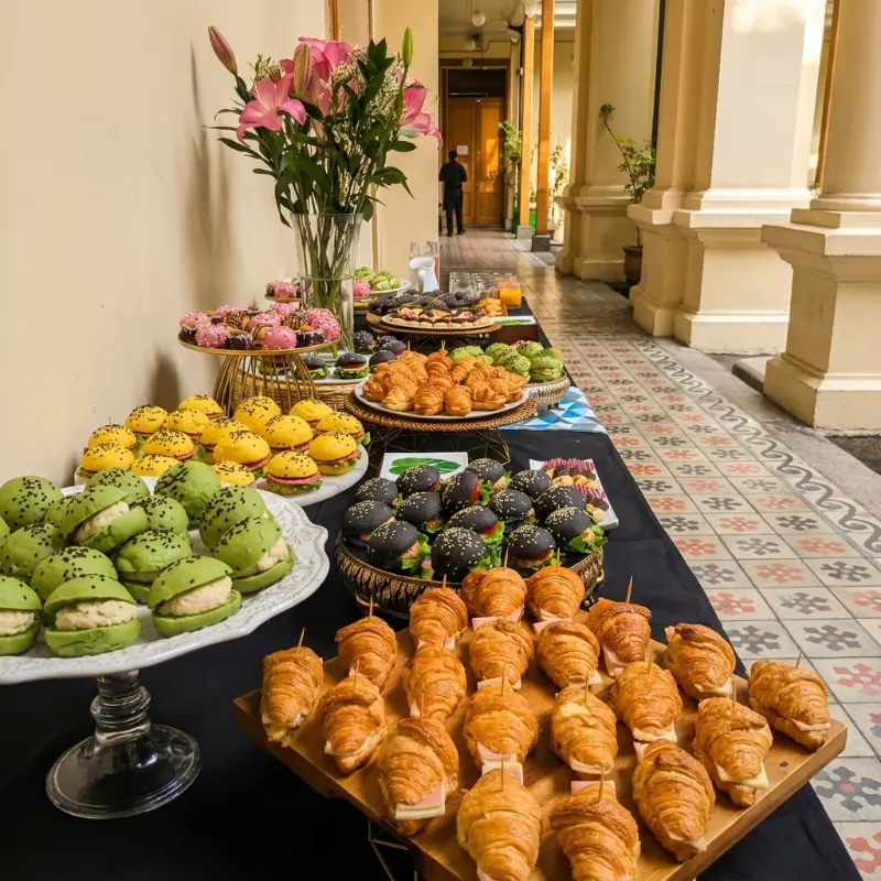 Montaje de catering para coffee break corporativo y seminarios en oficinas de Santiago.