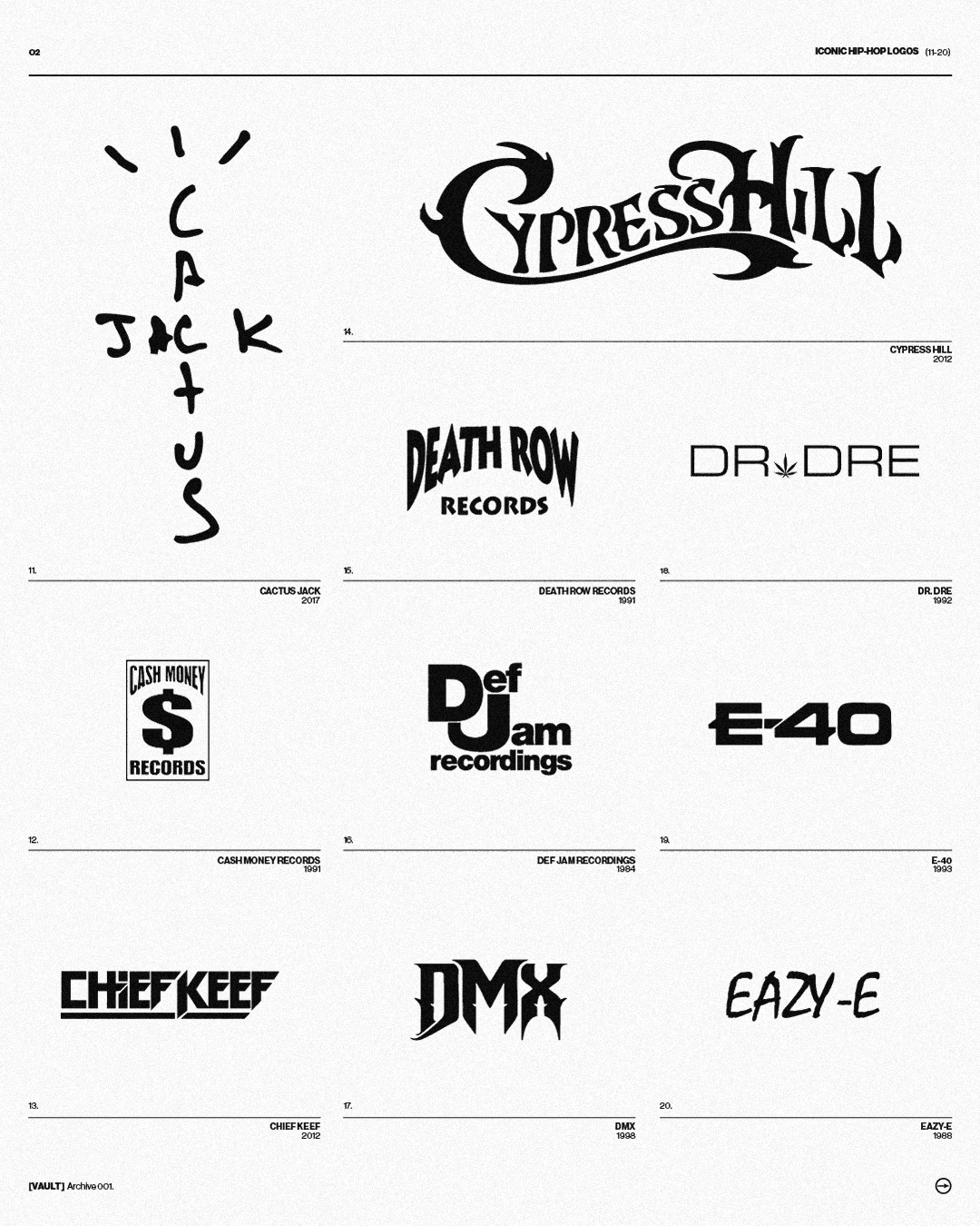Design archive sheet from VAULT showcasing legendary hip-hop and record label logos such as Cactus Jack, Death Row Records, and Def Jam Recordings. The collection illustrates the evolution of visual identity in hip-hop, featuring both hand-drawn and bold industrial graphic design.