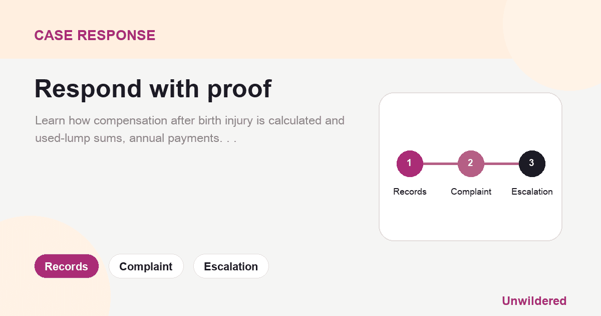 Explainer card for Compensation after medical negligence in childbirth:: Records, Complaint, Escalation.