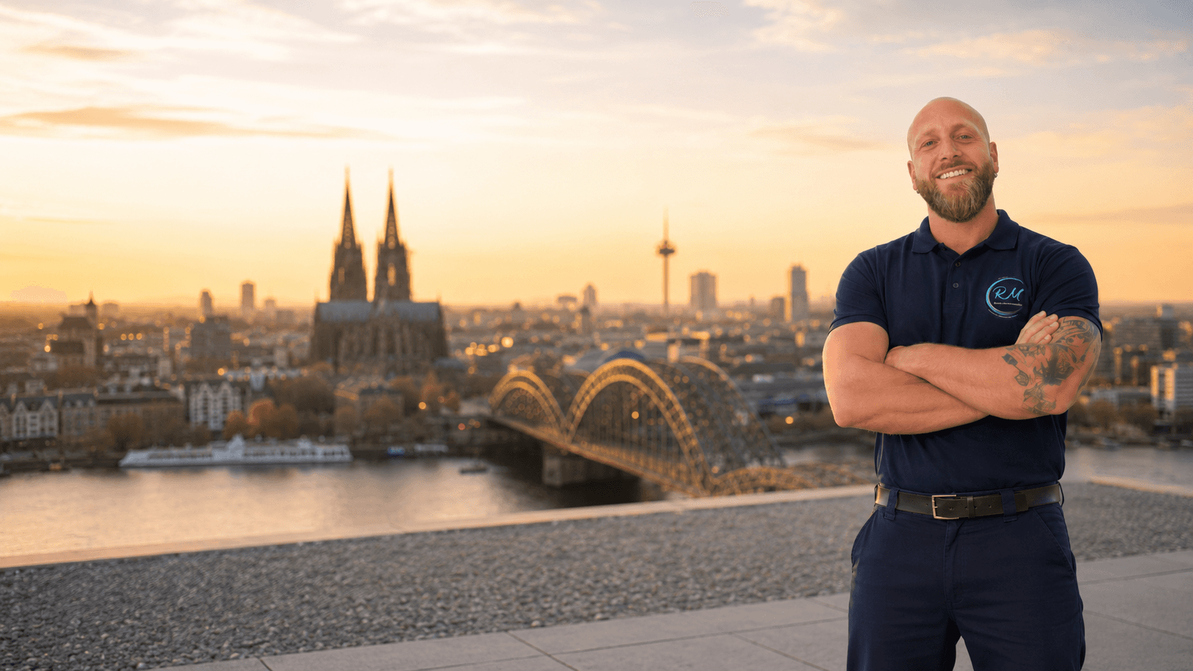 Kölner Skyline mit Dom und Hohenzollernbrücke bei Sonnenuntergang – RM Gebäudereinigung