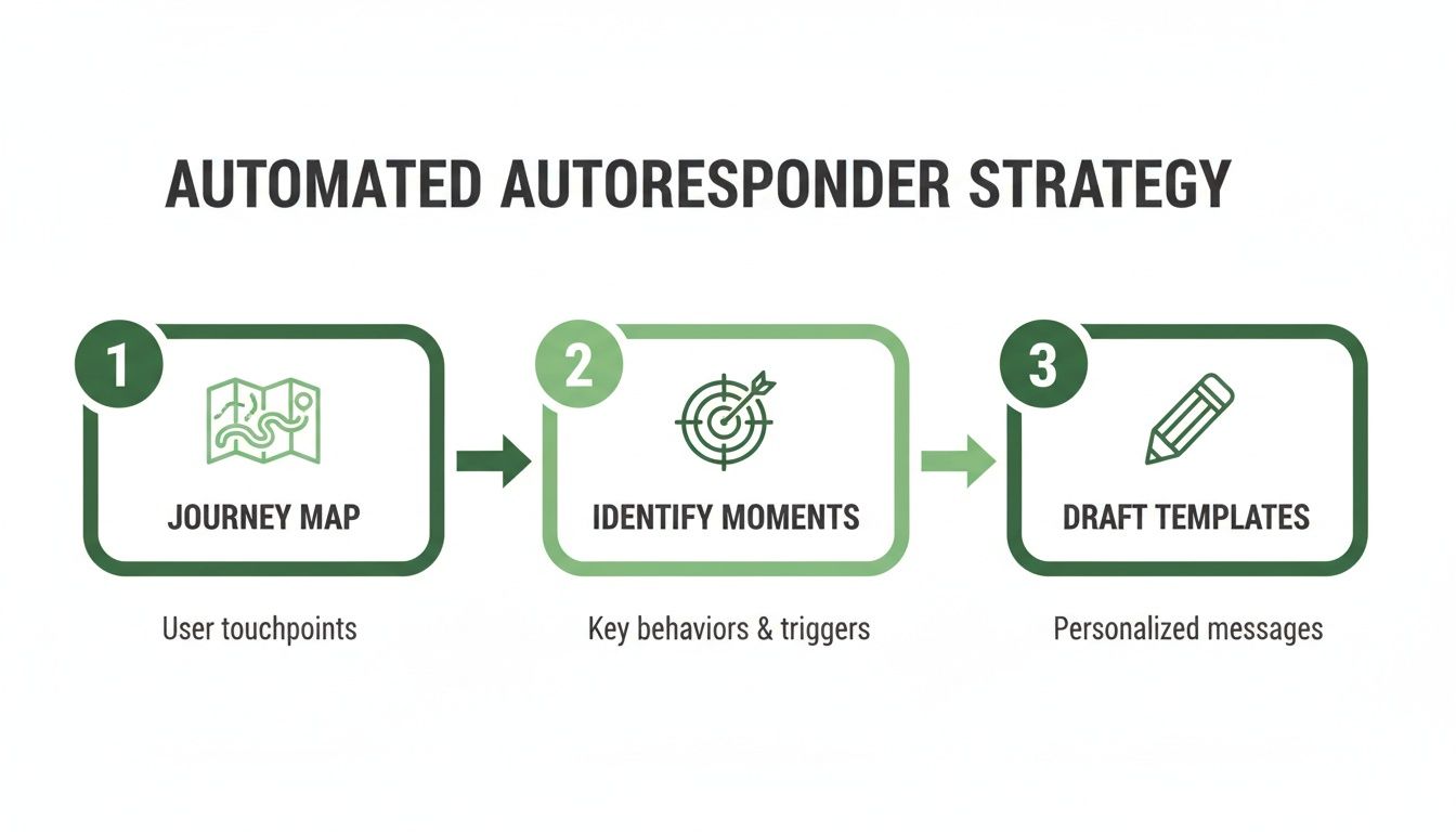 Diagram illustrating a three-step automated autoresponder strategy: Journey Map, Identify Moments, and Draft Templates.