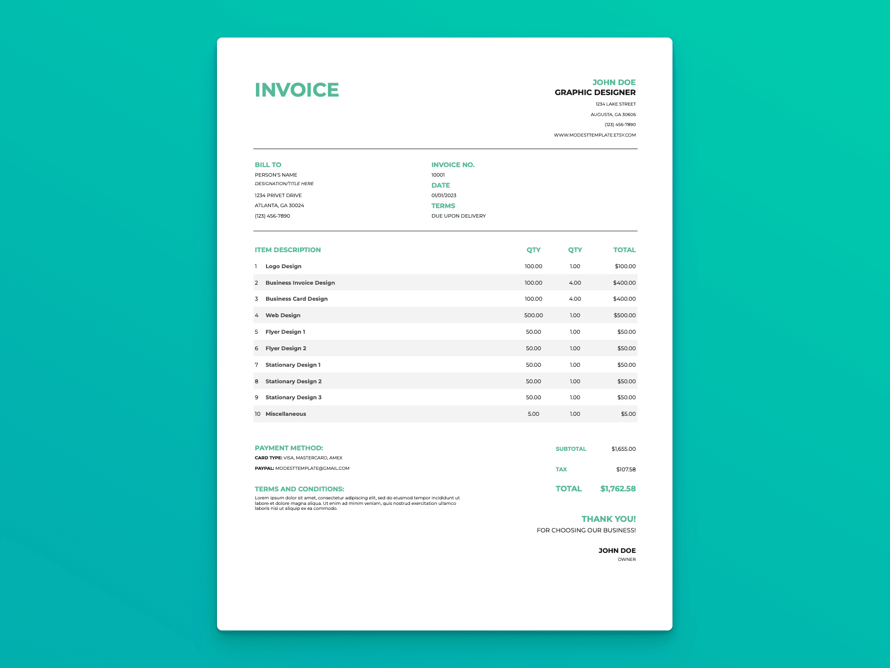 Invoice template featuring a detailed itemized breakdown, payment summary, and client billing information.
