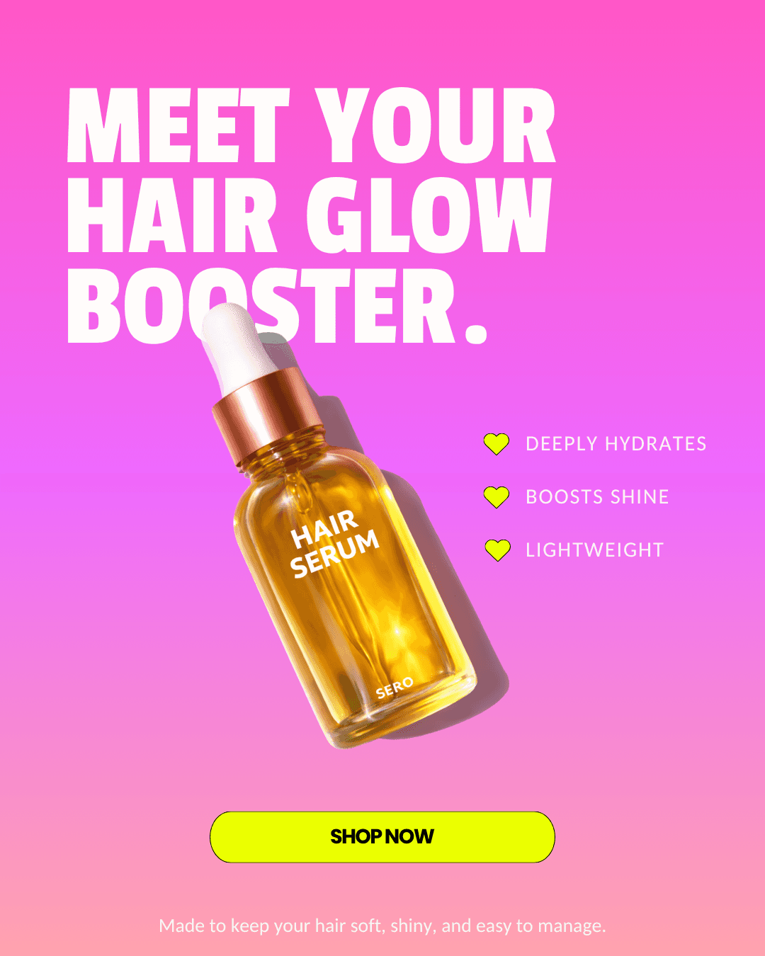 Pink promotional graphic for hair care serum product with benefits list and shop now button