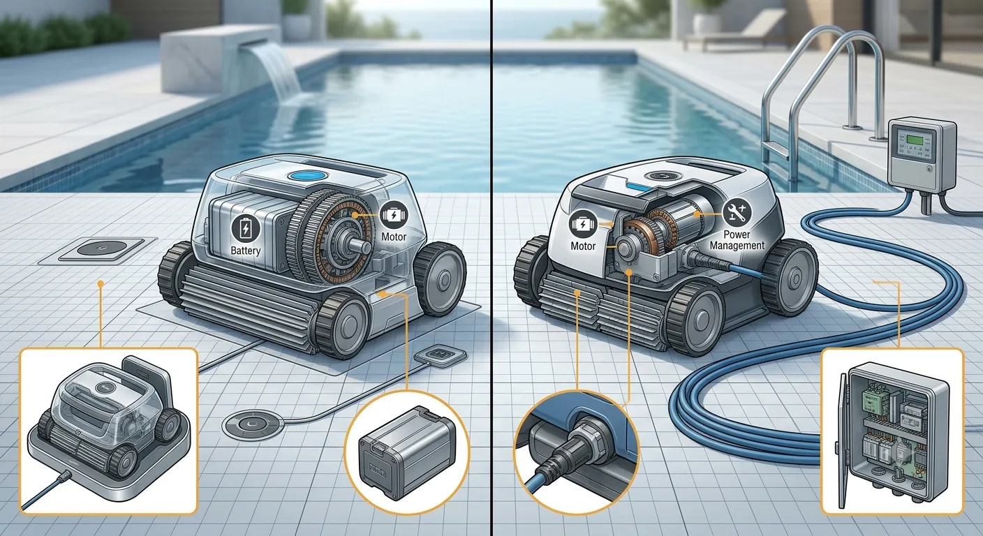 Comparison of cordless battery and AC power supply options for robotic pool cleaners