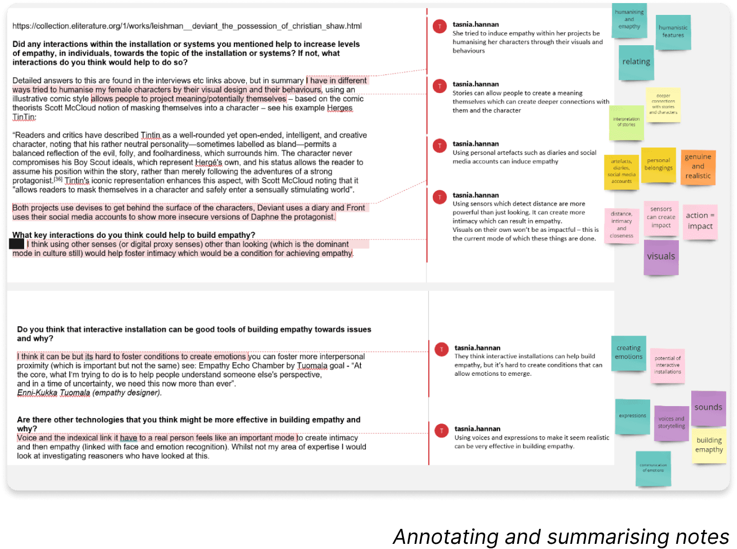 Interview transcript with sticky notes to analyse.