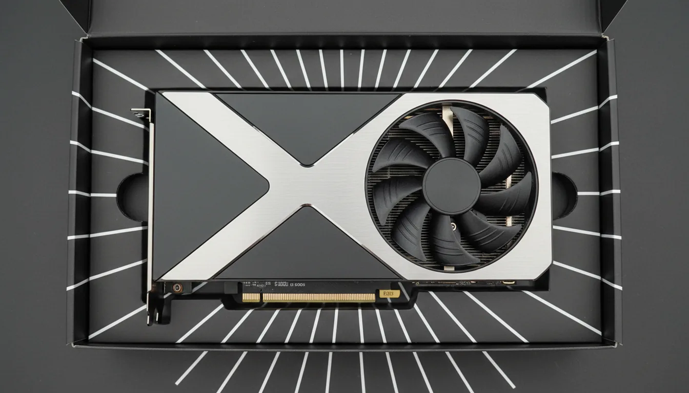 DSLR product photography, flat-lay top-down view of an NVIDIA RTX 4070 Founders Edition graphics card. The GPU features a sleek, dark grey matte metal shroud with a prominent silver metallic X-shaped frame, and rests inside its original packaging. A large cooling fan with black, sculpted blades is visible on the right. The background is a dark grey molded tray with bold white lines radiating outwards in a graphic pattern. The scene is illuminated with even, soft studio lighting, emphasizing the textures of the brushed metal and matte finish. High-fidelity, sharp focus, commercial product shot.