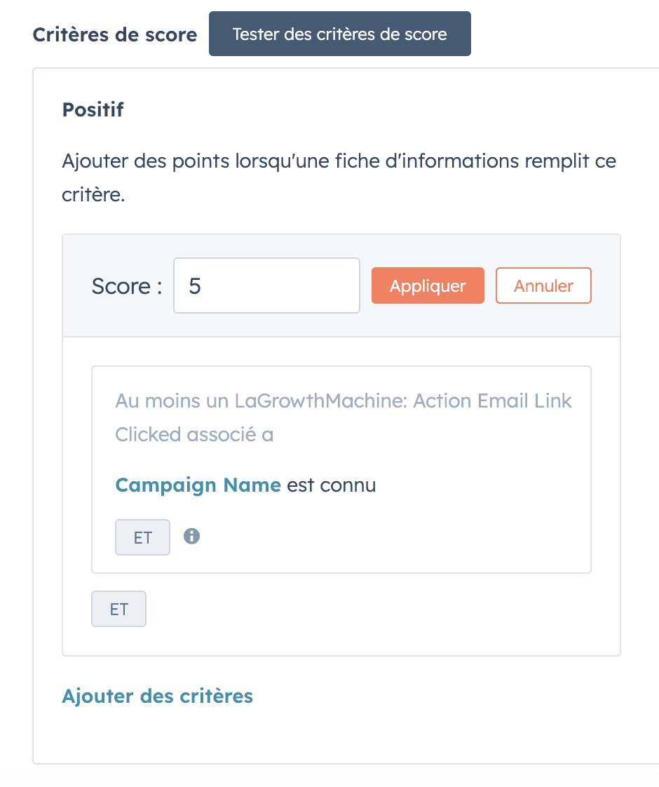 Hubspot : lead scoring en fonction de l'activité des leads dans les séquences LaGrowthMachine