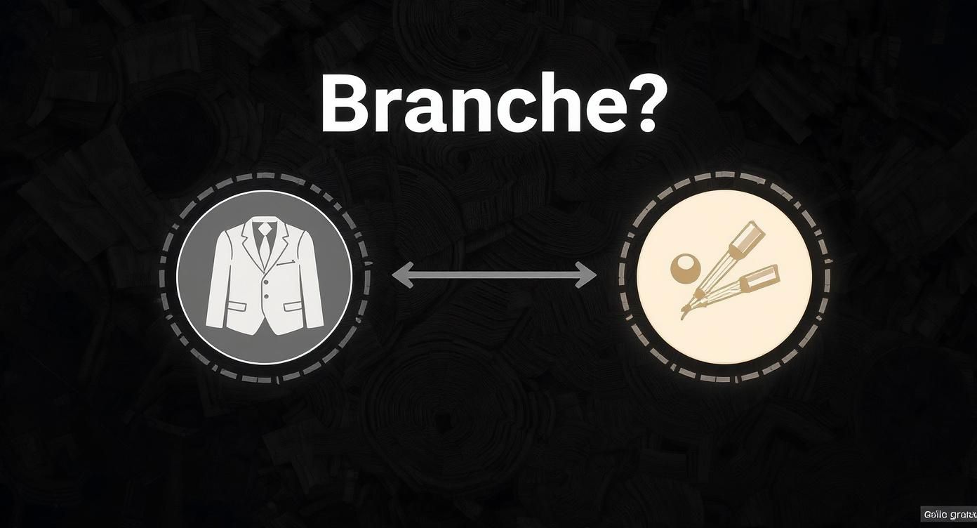 Dieser Entscheidungsbaum zeigt, wie man basierend auf der Branche – konservativ oder kreativ – die passende Hintergrundfarbe für ein Bewerbungsfoto auswählt, entweder Grau oder Beige.