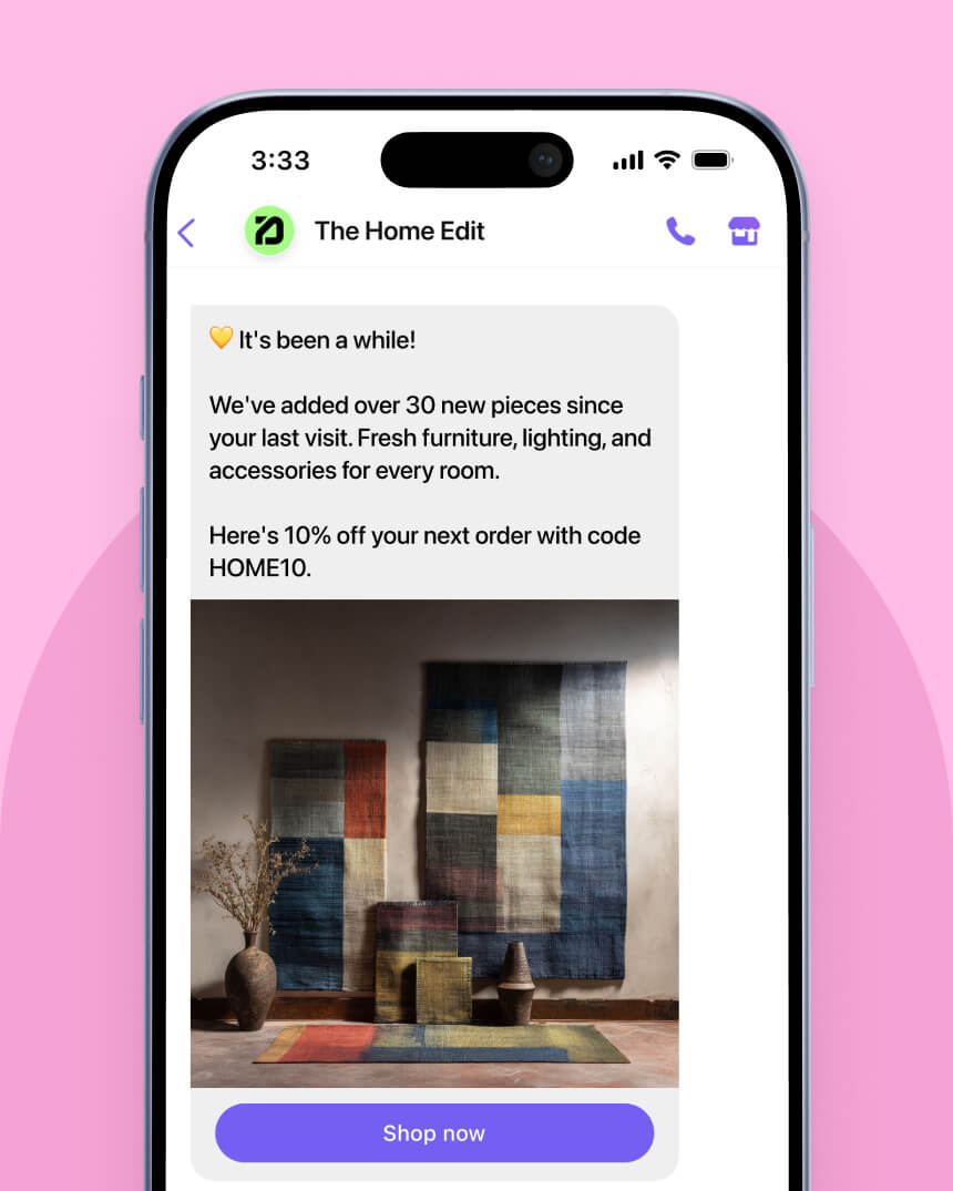 Viber messaging campaign showcasing a personalized message that aims to help a fashion e-commerce store recover abandoned carts.