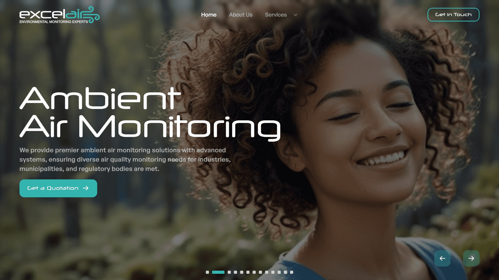 Screenshot of ExcelAir.mu homepage showcasing ambient air monitoring service with a clean, modern design and navigation menu.