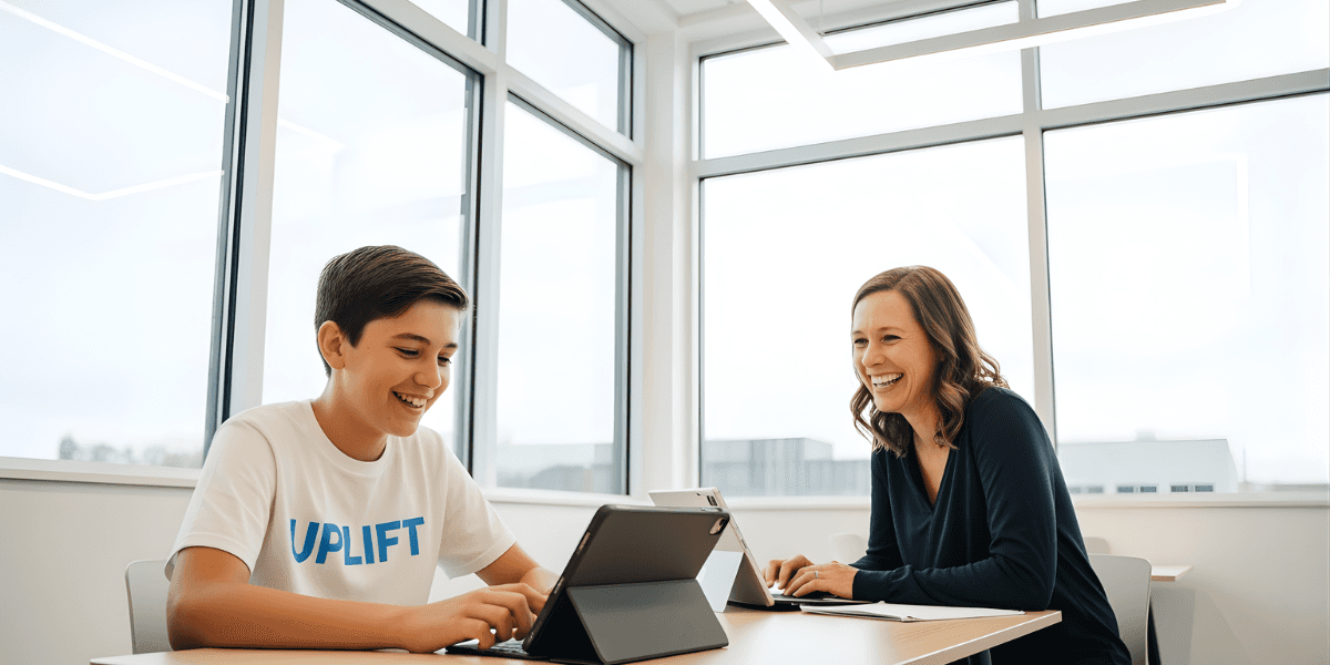 A student and educator collaborate using digital devices, embodying UPLIFT Educational Solutions' mission of holistic academic support.