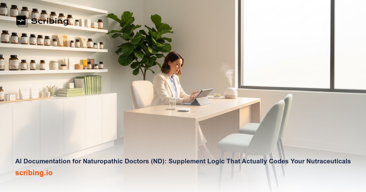 AI documentation platform coding naturopathic supplements into structured clinical data on a laptop screen beside herbal supplement bottles