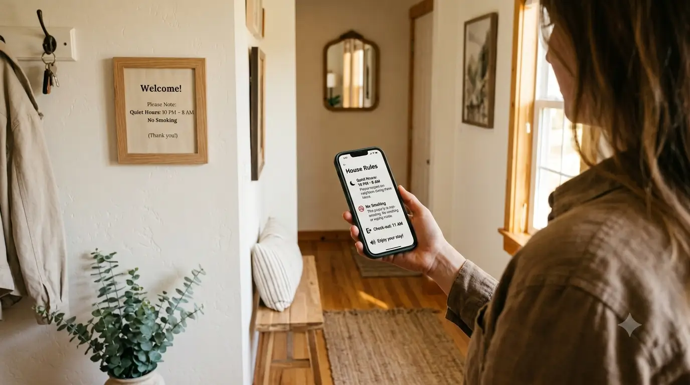A framed house-rules sign in a vacation rental entryway beside a guest holding a phone open to the digital guidebook house rules page.