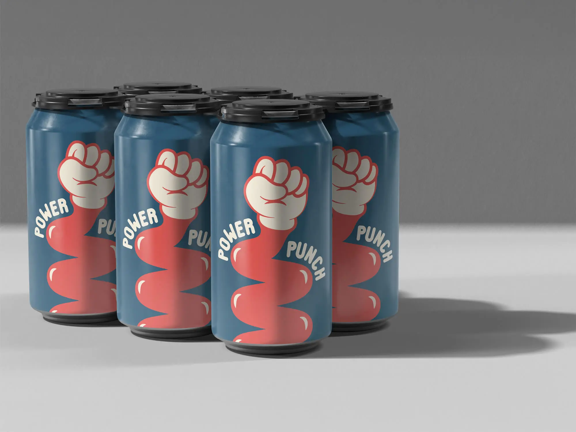 Six-pack of Power Punch beer cans featuring the brand’s bold hand-drawn illustration, logo, and distinctive packaging design.