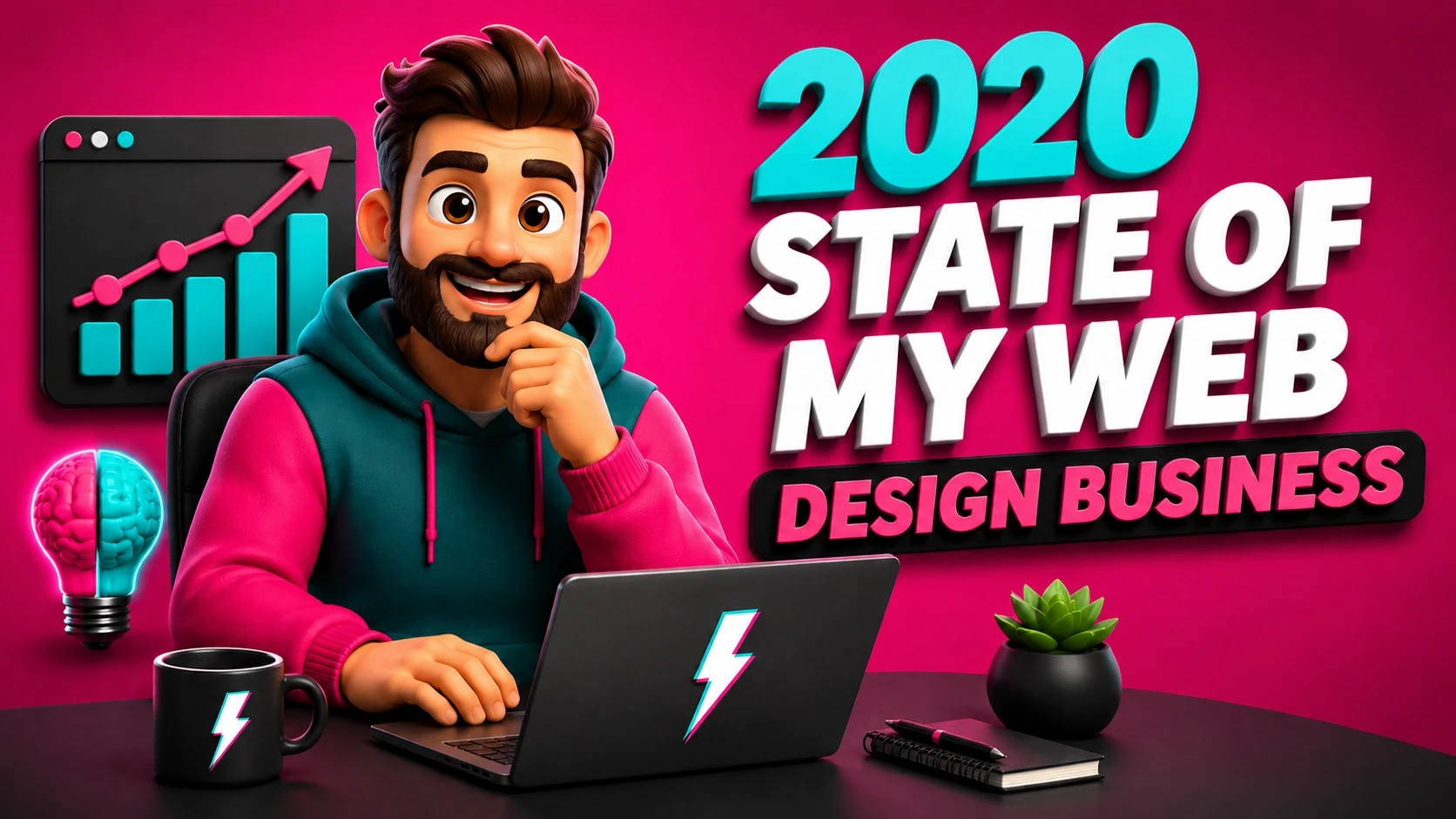 A cheerful animated character sits at a desk with a laptop featuring a lightning bolt symbol, surrounded by a graph, a glowing light bulb, a plant, and a notebook, highlighting "2020 State of My Web Design Business" in bold text against a vibrant pink background.