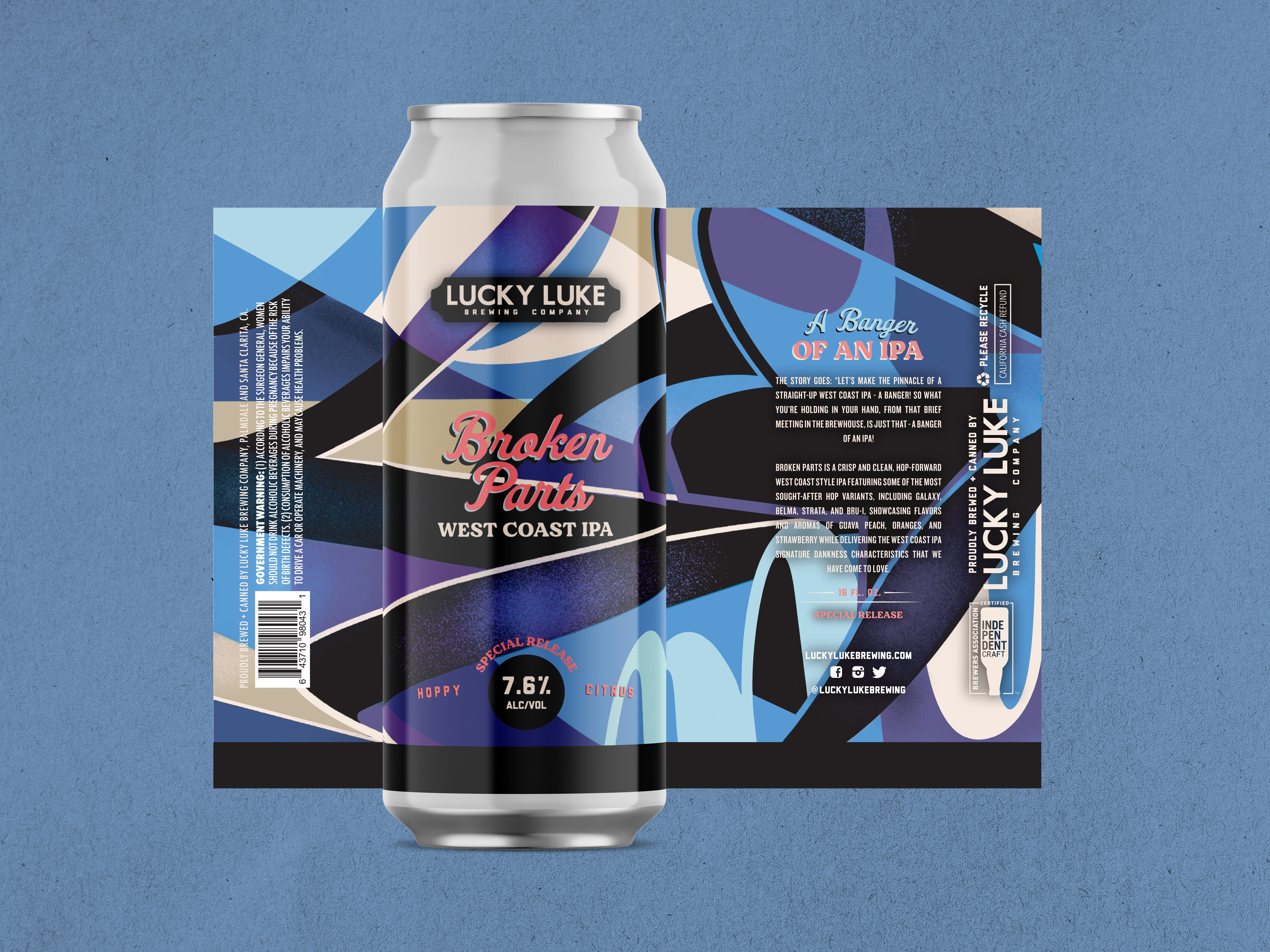 Lucky Luke Solstice IPA can design on blue background