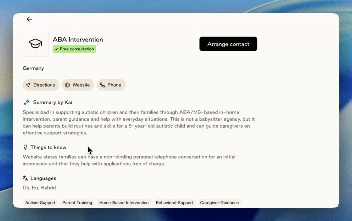 Animated screen recording of the Kyan Care app showing an employee hovering over the "Arrange contact" button.