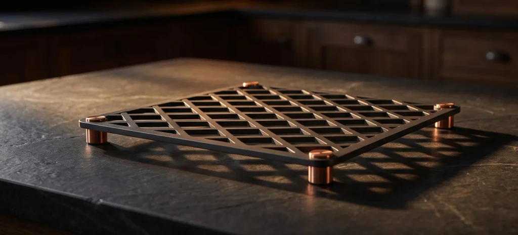 A dark metal lattice grid on black stone