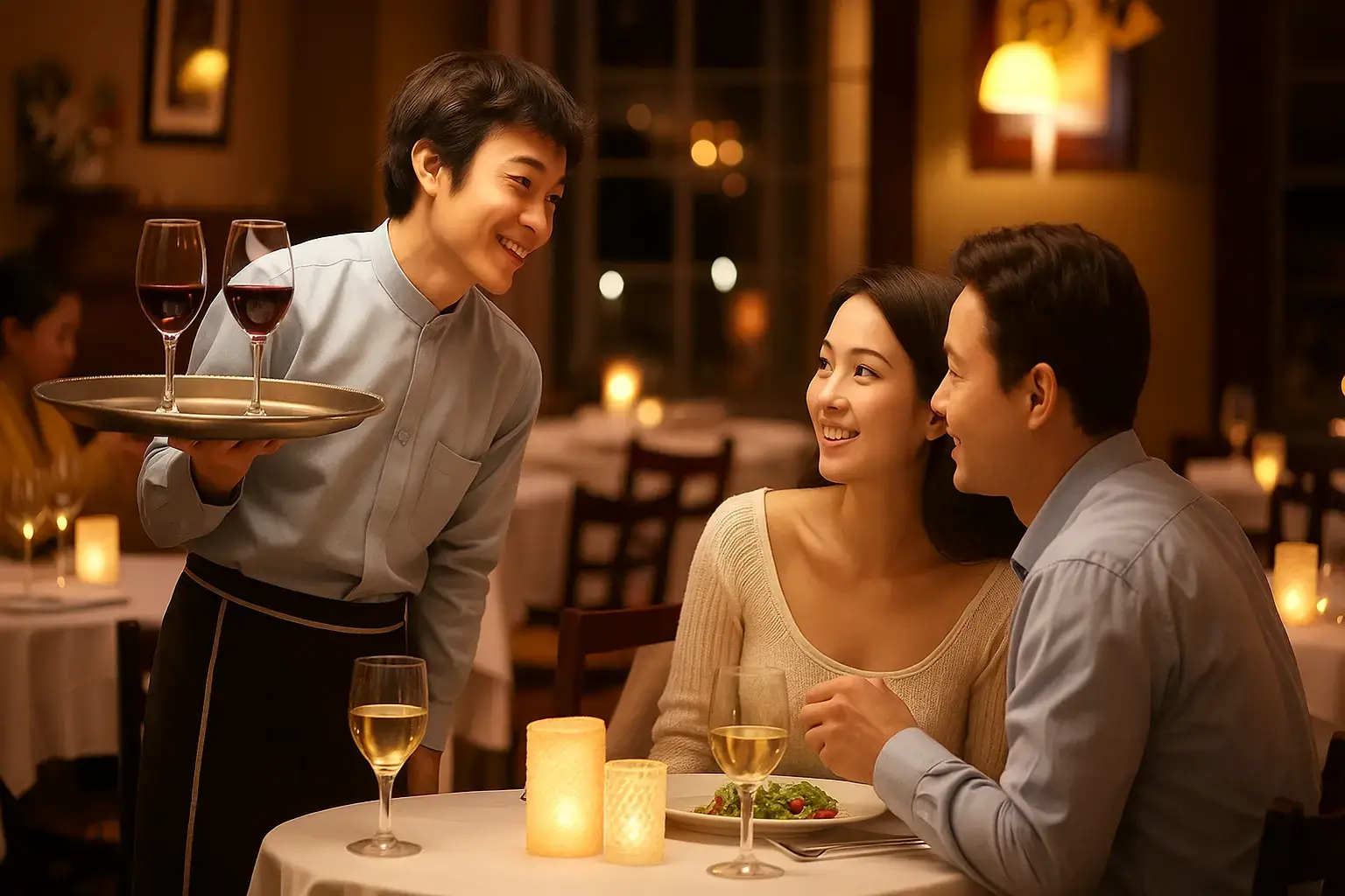 Malaysian fine dining restaurant waiter speaking with customers during table service in an F&B business.