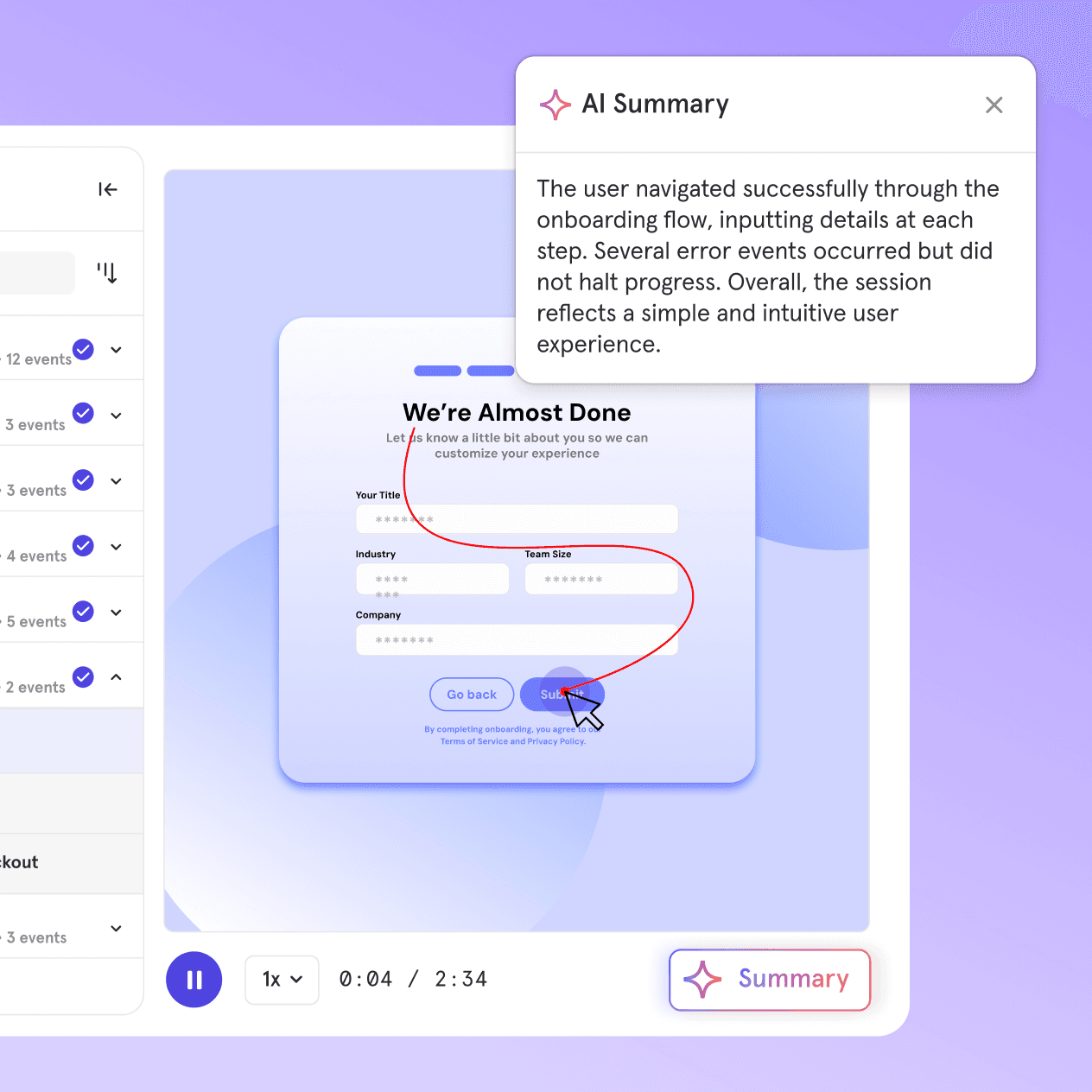 Session replay detail showing how you can see the full user journey