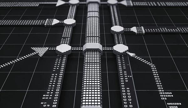 Conceptual illustration of realtime data pipelines routing information through automated workflows and decision paths.