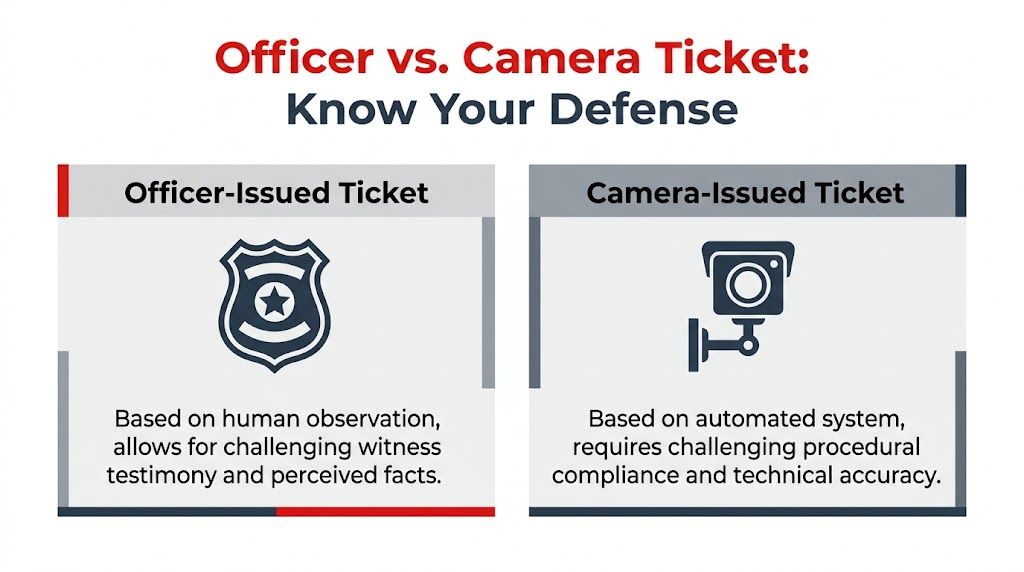 A graphic comparing defenses for officer-issued versus camera-issued traffic tickets based on human versus automated systems.