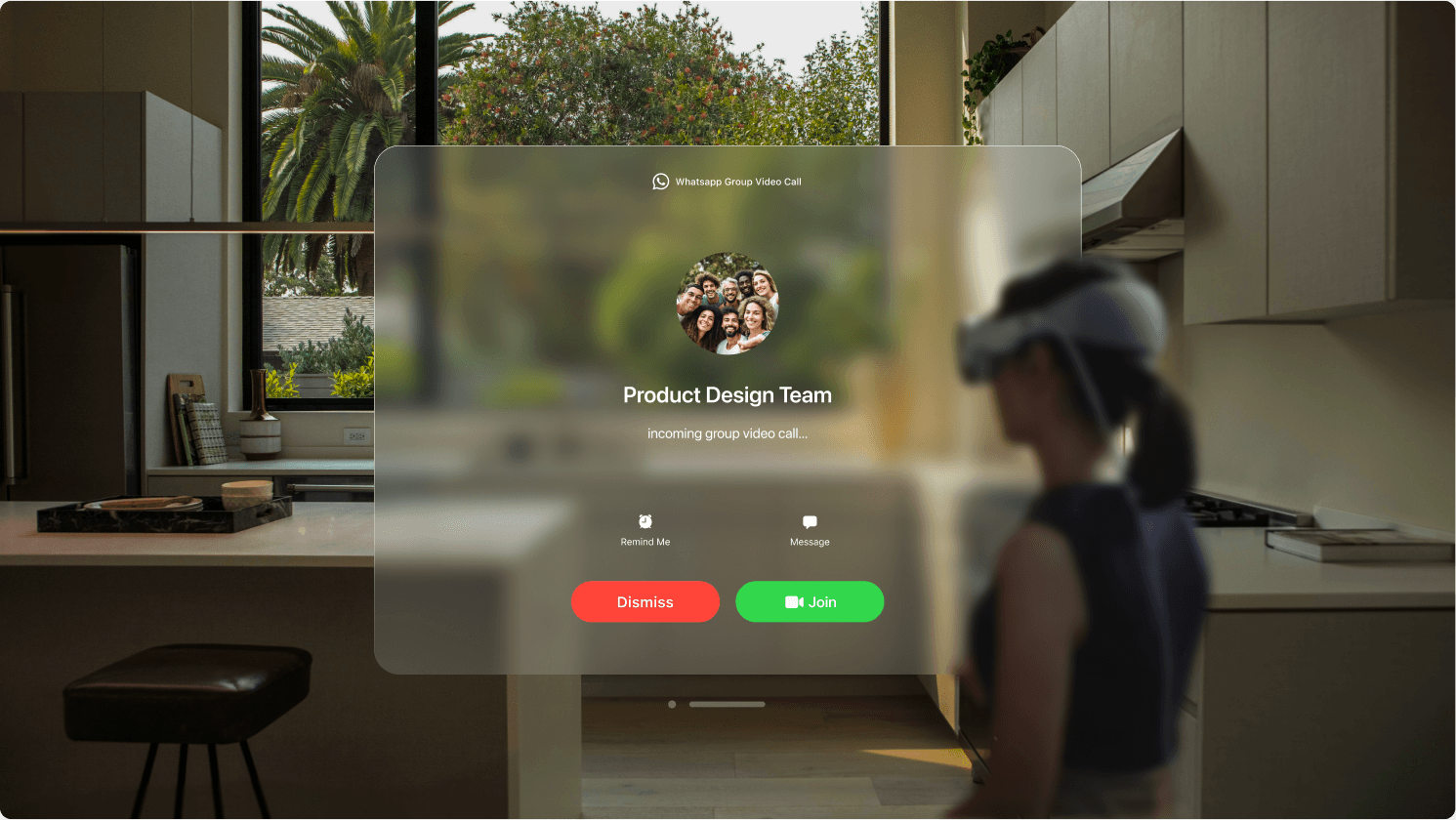 WhatsApp incoming call interface on Apple Vision Pro