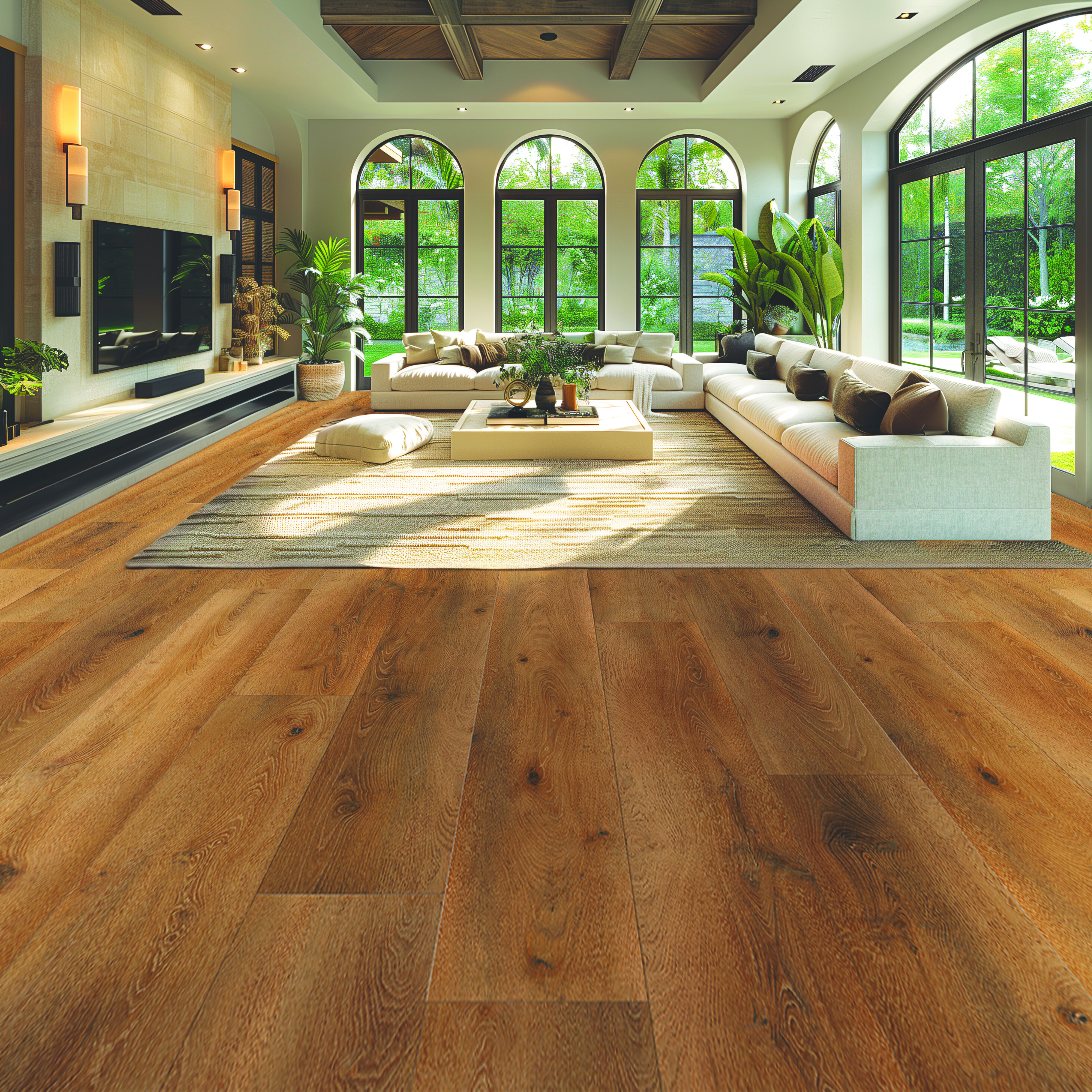 Waterproof wide-plank LVP flooring in green lounge